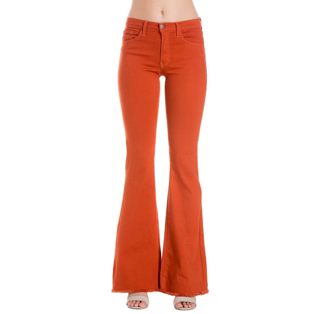 O2 Free Minded Mid-Rise Denim Flare Jeans in Rust Orange Rough Hem Size 30